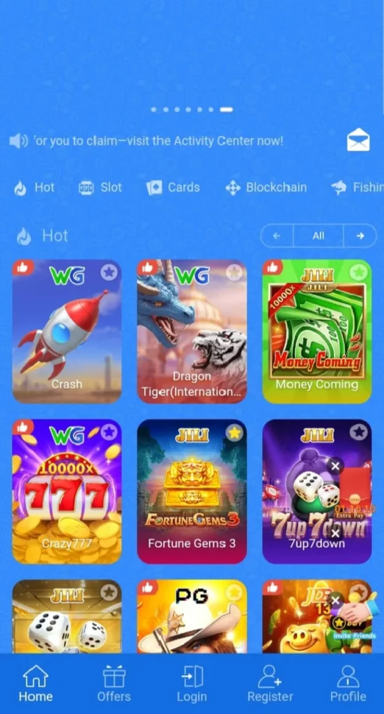Colorful gaming app interface with options