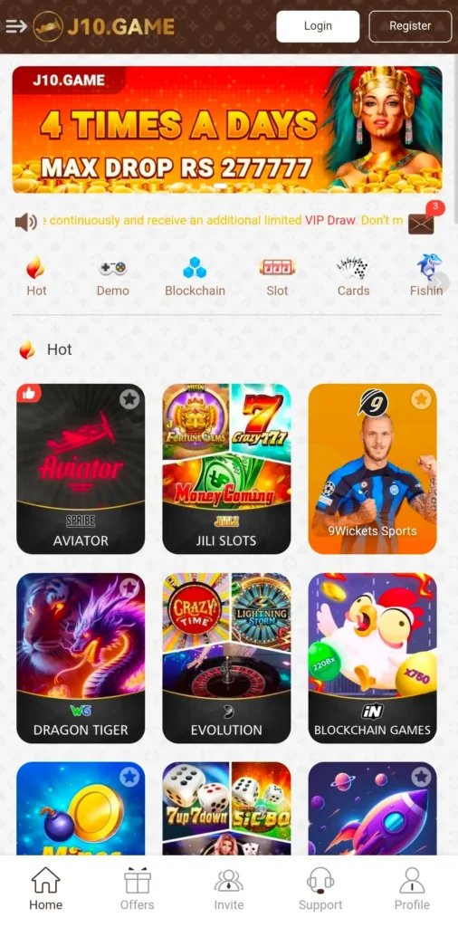J10 Game APK Latest version2.1 interface showing casino features on android