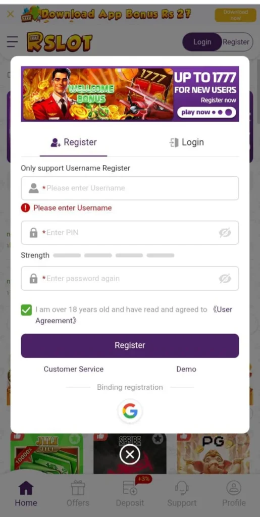 rslots game register