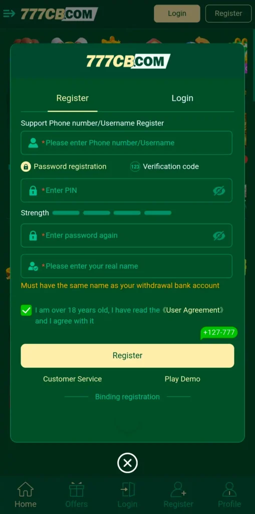 777CB Game Register interface 