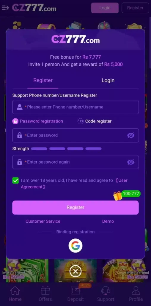 CZ777 Game APK Register Method 