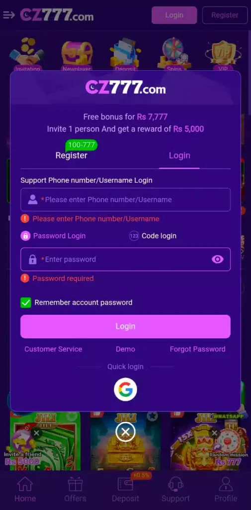 CZ777 Game APK Login Method 