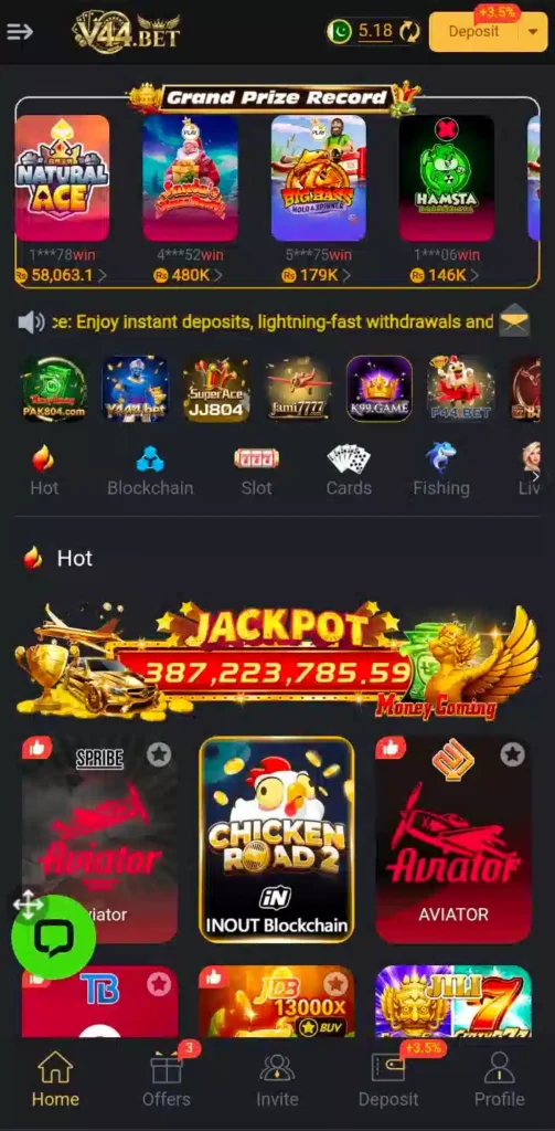 Home interface Of V44Bet Game 