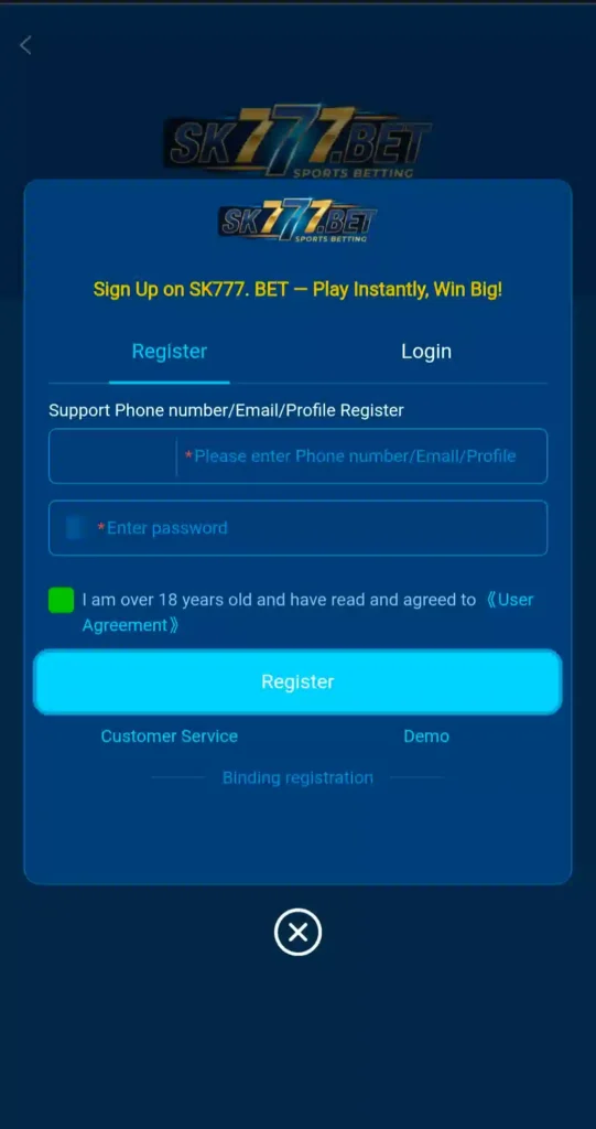 SK777 Bet Game Register interface 