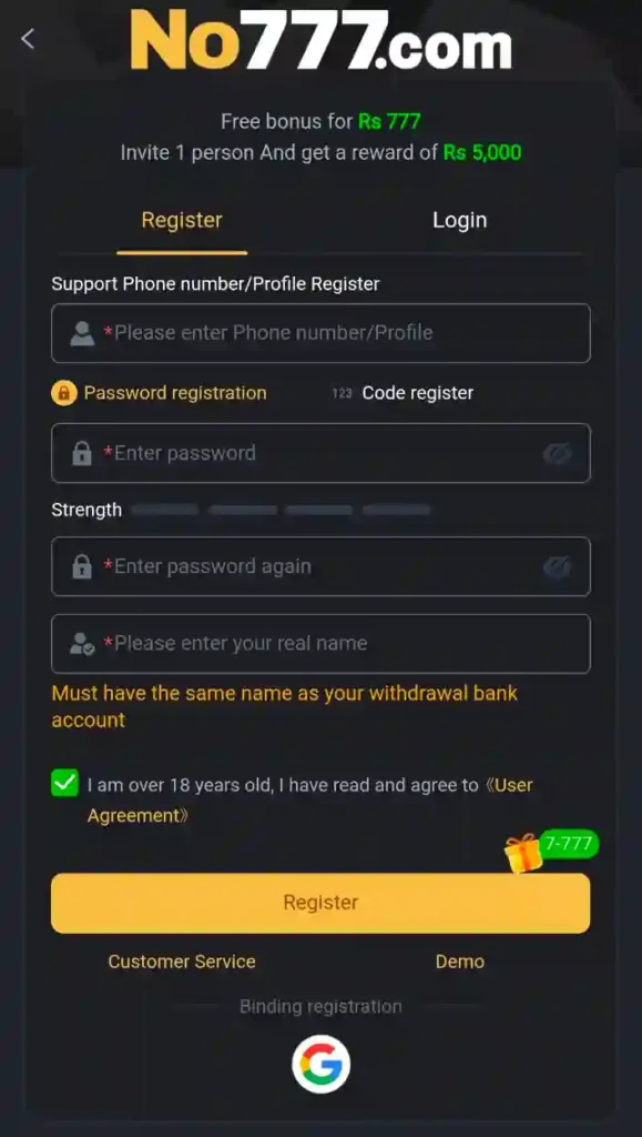 NO777 Register 